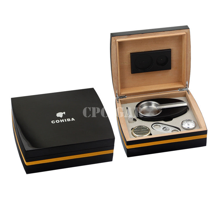 COHIBA Luxury Black High Gloss Cedar Wood Cigar Humidor Case Six-piec set with Gift Box